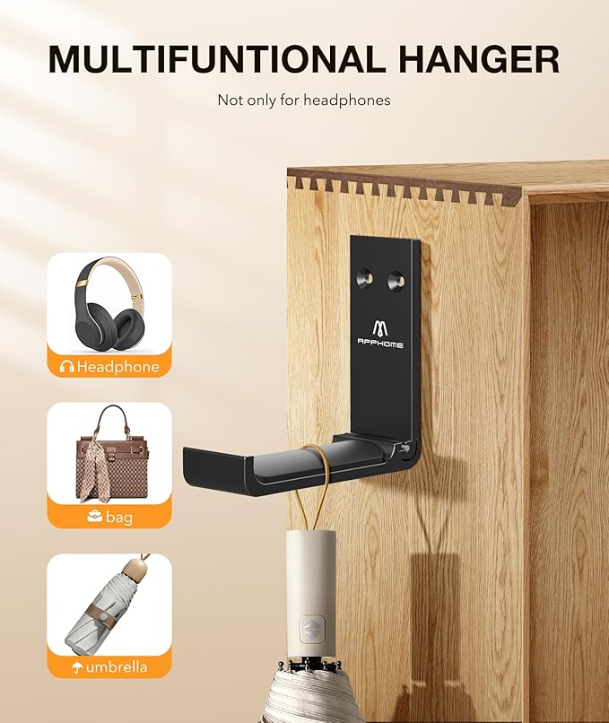 APPHOME Headphone Stand Hanger Foldable Wall Hooks, Save Space Durable Aluminum Headset Stand Holder for Universal Gaming Headset, Strong Adhesive, Black