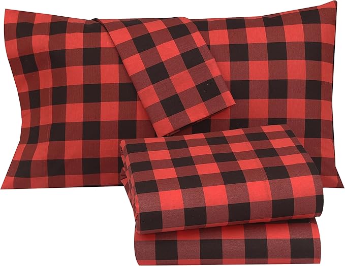 RUVANTI Flannel Sheets Full Size - 100% Cotton Double Brushed Bed Sheets Set, Deep Pockets 16 Inches, All Seasons Breathable & Extra Soft Full Sheets, Warm & Cozy, 4 Piece, Red & Black Plaid