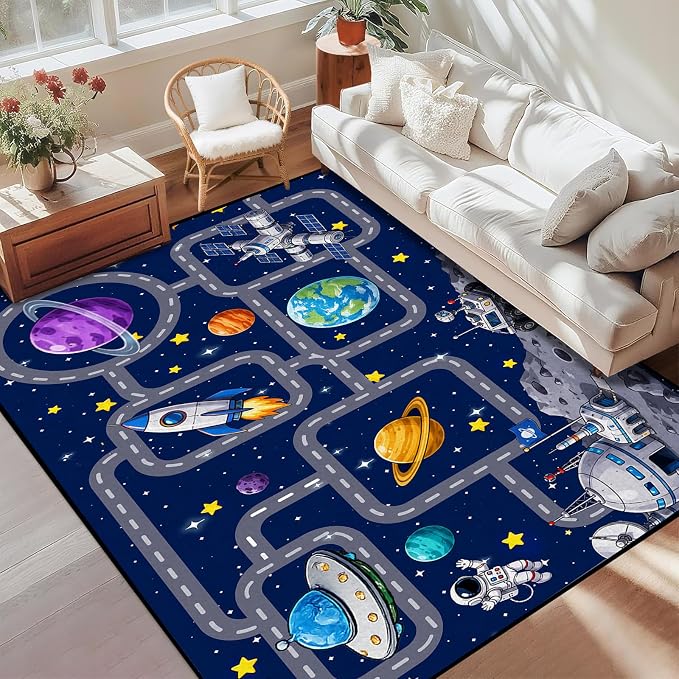 Outer Space Rug Astronaut Road Map Area Rug for Entryway Bedroom Living Room Nursery Kitchen Playroom Home Decor Washable Educational Floor Mat Galaxy Themed Carpet,3'x5'
