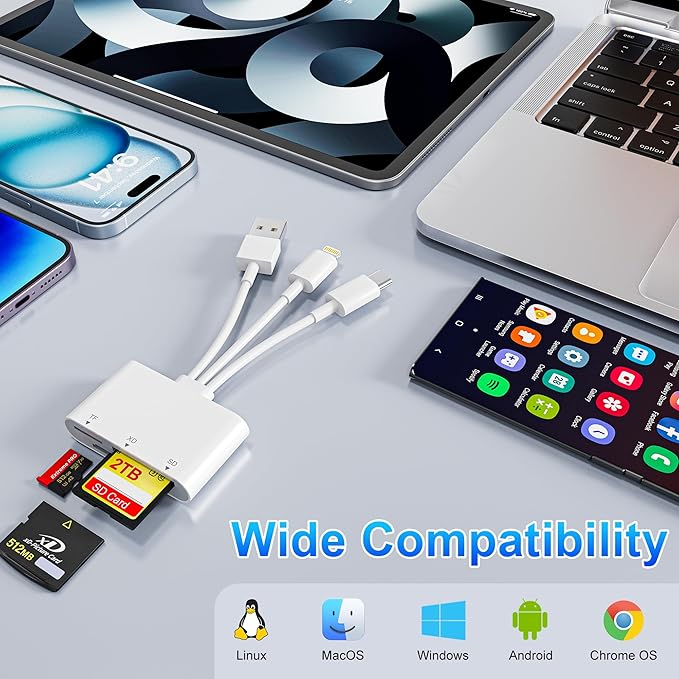 XD Card Reader, SD Card Reader for iPhone, 3-in-1 SD/TF/XD Card Adapter with Lightning/USB-C/USB-A for iPhone 16/15/14/13, iPad, PC, Android - Olympus xd Picture Card Reader Compatible, exFAT Support