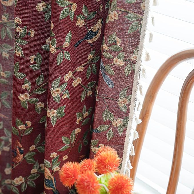 ENJOYBRIDAL Floral 63 Inch Curtains for Living Room Maroon Drapes Bird Pattern Jacquard Short Window Curtain Panels Rod Pocket Bedroom Farmhouse Boho Tassel Semi Blackout 2 Panels Window Treatments
