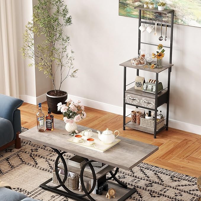 GiftGo Small Coffee Bar Station Narrow Corner Baker Rack Stand with 2 Storage Fabric Drawers 5 S Hooks for Small Spaces Farmhouse Bakers Rack for Kitchen, Entryway, Living Room (Grey, Narrow)