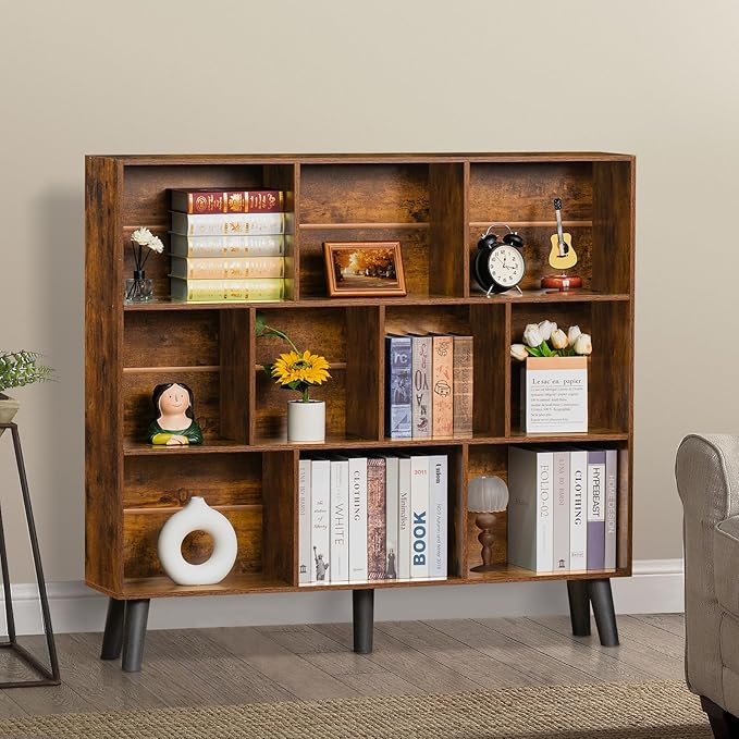 LEYAOYAO 10 Cube Bookshelf,3 Tier Modern Wide Bookcase with Legs,Mid-Century Wood Bookshelves Storage,Brown Large Book Case,Freestanding Organizer Display Shelf for Bedroom,Living Room,Office