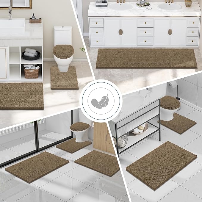Smiry Luxury Chenille Bathroom Rugs 44x24, Extra Soft and Absorbent Shaggy Bath Mat, Machine Washable, Non-Slip Plush Carpet Runner for Tub, Shower, and Floor, Home Decor Accessories, Camel