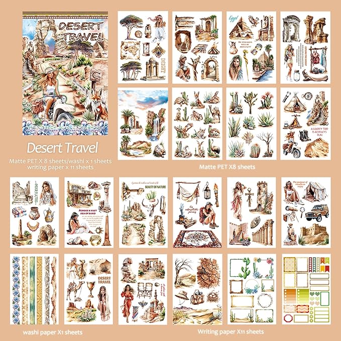Snycler Sticker Book - 20 Sheets Vintage PET Stickers for Scrapbooking, Junk Journaling, Ephemera, and Decorative Crafts-Desert Travel