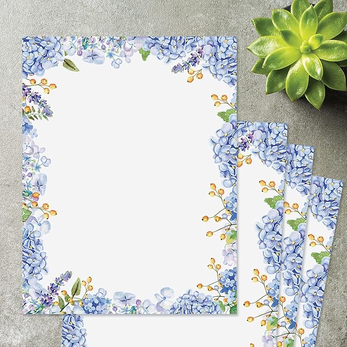 Current Hydrangeas Floral Letter Paper - Spring Stationery Papers With Decorative Hydrangeas Border, Printable Holiday, Wedding & Bridal Shower, & Invitation Sheets, Set of 25, 8 1/2" x 11"