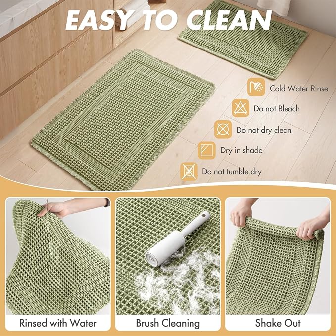 MIULEE Set of 2 Waffle Bathroom Rugs, Boho Bath Rug Super Absorbent, Non Slip Washable Ultra Soft Rubber Backed Shower Bath Mats for Floor, Tub, Shower, Looped Design, Sage Green, 17x24 Inch