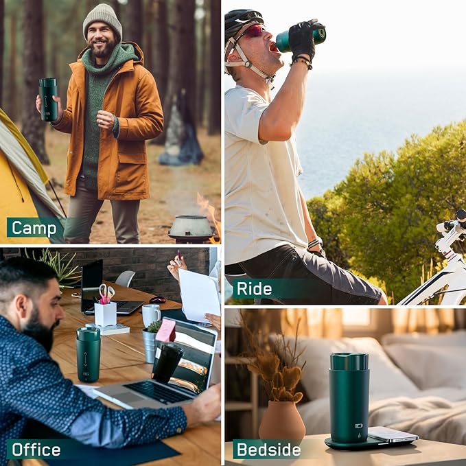 LEGARDLILIU Temperature Control Heated Coffee Mug Smart Self Heating Travel Mug 12 Oz App Controlled Warmer Mug 4-10 Hour LED Display Keep Coffee Hot Fast Wireless Charger Base Jade Green