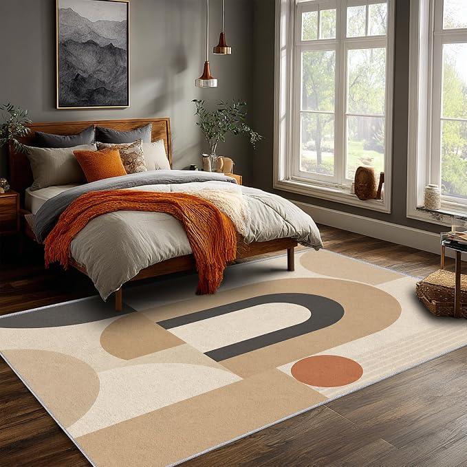 Mid Century Area Rug 5x6, Home Decor | Neutral Cream Black Geo Arc, Abstract Geometric Rug for Living Room, Bedroom, Home Office, Non Slip, Washable, Low Pile