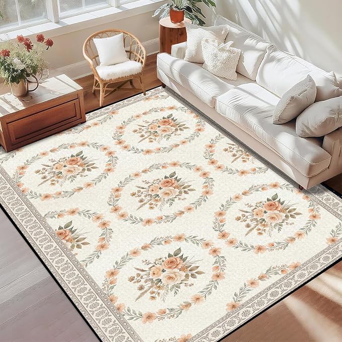 5'x7' Boho Floral Area Rug Vintage Peach Rose Carpet Non-Slip Washable Floor Mat Neutral Aesthetic Botanical Rug for Bedroom Living Room Nursery Kitchen Playroom Home Decor