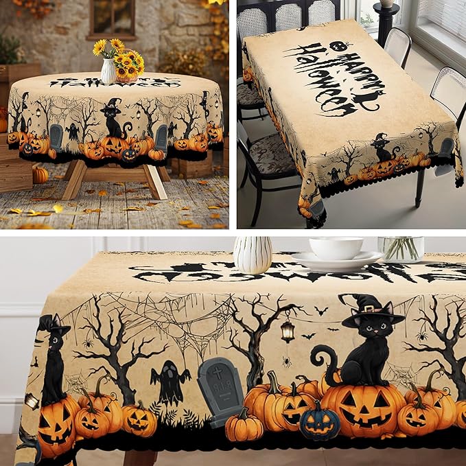 Eikione Round Tablecloth 60inch, Tablecloth Pumpkin Bat Waterproof and Wrinkle-Free, Table Covers, Summer Decorations for Home Dining
