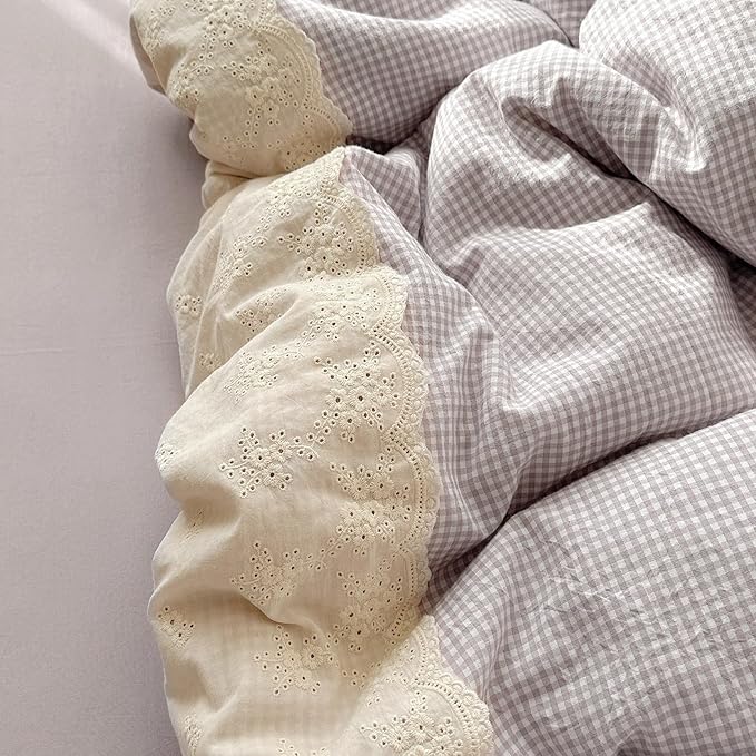 LifeTB Purple Gingham Duvet Cover Twin XL Cozy Washed Microfiber Purple Checkered Plaid Duvet Cover with 2 Pillowcases Romantic White Lace Comforter Cover 3 Pieces Gingham Grid Bedding Set