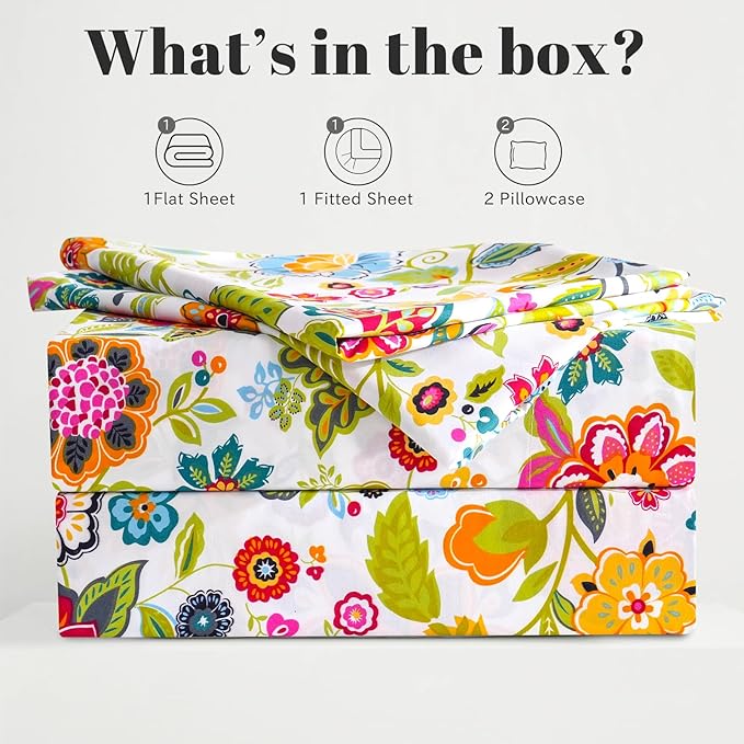 Bedlifes King Sheet Set Ultra Soft, Breathable, Silky Flower Deep Pocket 100% Microfiber Bedding, 4 Piece King Size with Floral Spring Design