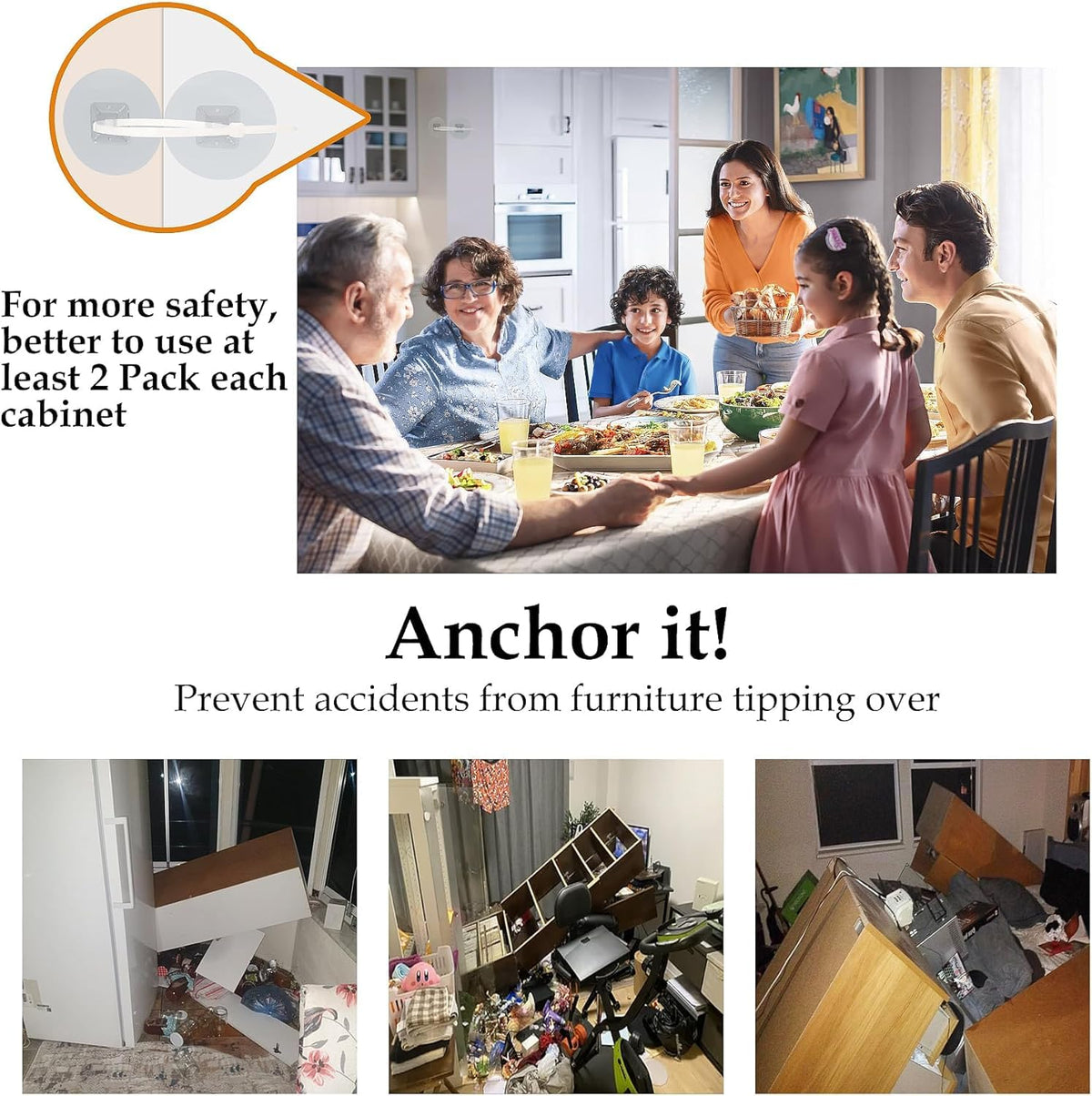 Furniture Anchors No Drill Upgraded Furniture Straps for Baby Proofing, Self-Adhesive Secure 168 Pound Furniture Prevent Falling Anti Tip Earthquake Straps for Child Safety