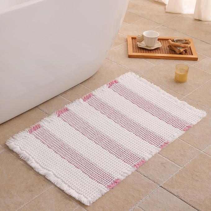 Waffle Bath Mat Non Slip, Boho Bathroom Rug, Super Absorbent Quick Dry Bathroom Mat, Soft Farmhouse Bath Rug with Tassels, Small Washable Shower Mats for Floor 16"x24", White and Pink