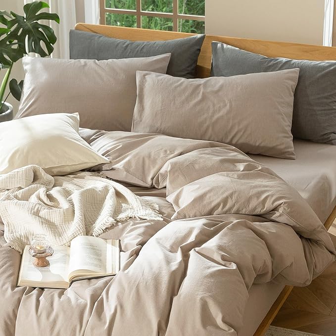 MooMee Bedding Duvet Cover Set 100% Washed Cotton Linen Like Textured Breathable Durable Soft Comfy (Heathered Taupe, Oversized Queen 98"x98")
