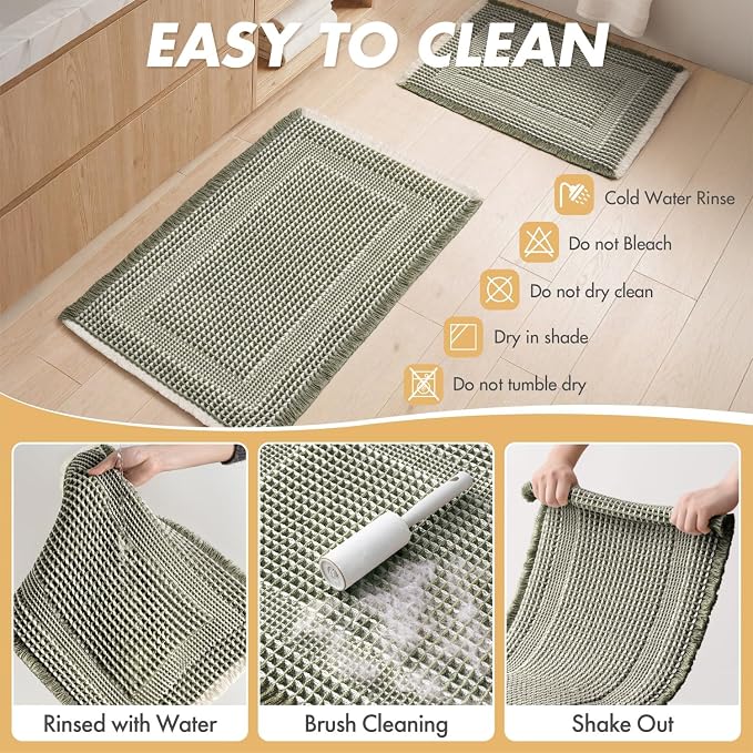MIULEE Set of 2 Waffle Bathroom Rugs, Boho Bath Rug Super Absorbent, Non Slip Washable Ultra Soft Rubber Backed Shower Bath Mats for Floor, Tub, Shower, Looped Design, Green & Cream, 17x24 Inch