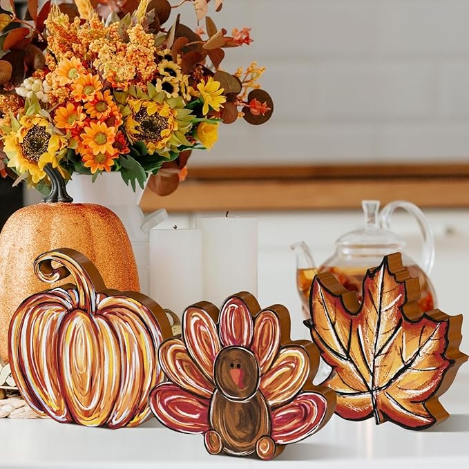 Smile 3 Pcs Wooden Blocks Pumpkin Turkey Maple Signs, Thanksgiving Tiered Tray Decorations, for Home Table Shelf.