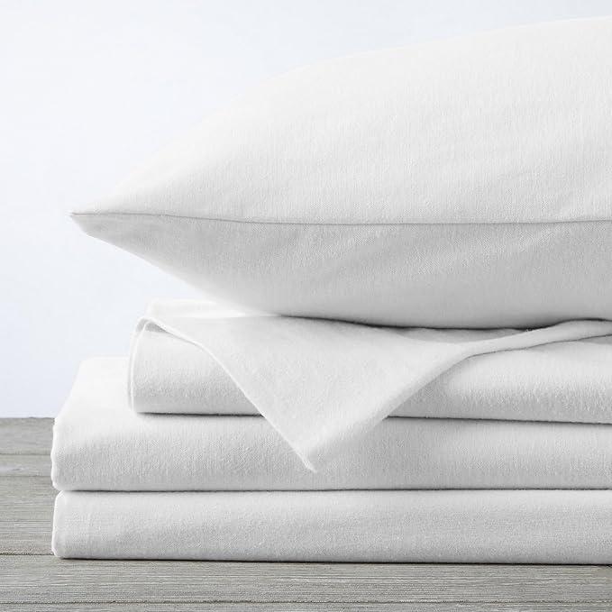 Market & Place 100% Cotton Twin Flannel Sheet Set | 3 Piece Deep Pocket Solid Cozy Winter Bed Sheets | Double Brushed for Extra Softness & Comfort | Chalet Collection (Twin, White)