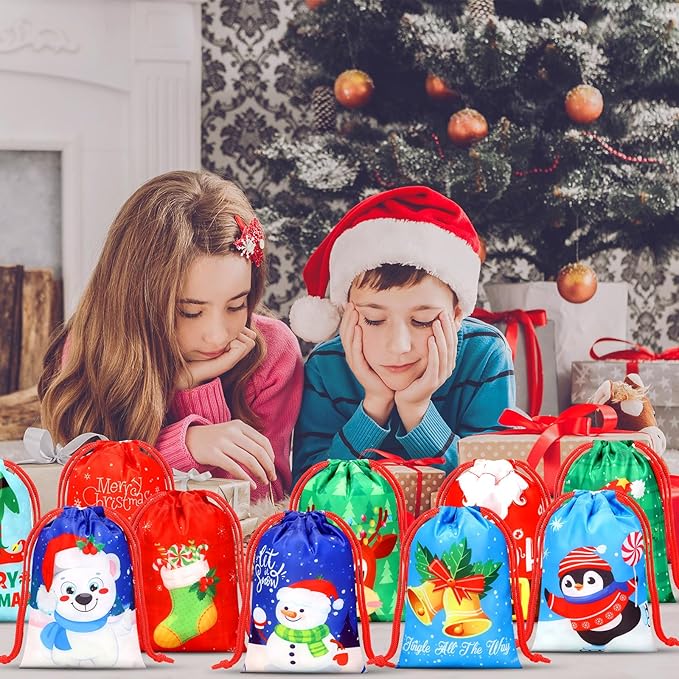 Xuniea 24 Pcs Christmas Party Favors Bags for Kids Drawstring Backpack Santa Claus Goodies Snack Treat Gift Bags Presents Wrapping for Xmas Winter Holiday Birthday Party (5.1 x 7.1 Inch)