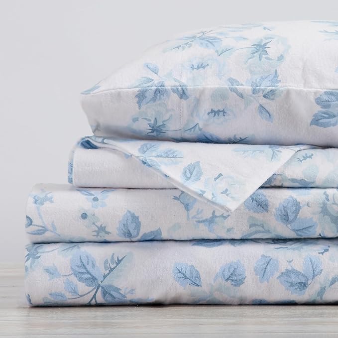 Market & Place 100% Cotton Twin Flannel Sheet Set | 3 Piece Deep Pocket Cozy Winter Floral Bed Sheets | Double Brushed for Extra Softness & Comfort | Alpine Collection (Twin, Vintage Floral)