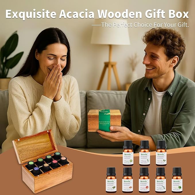 Dohale Essential Oils Set Acacia Wood Gift Box - Uplift, Energize, Refresh, Top 8 Aromatherapy Oils for Diffuser Hotel Scent Home Fragrance Candle Making Grapefruit, Peppermint & More 10ml