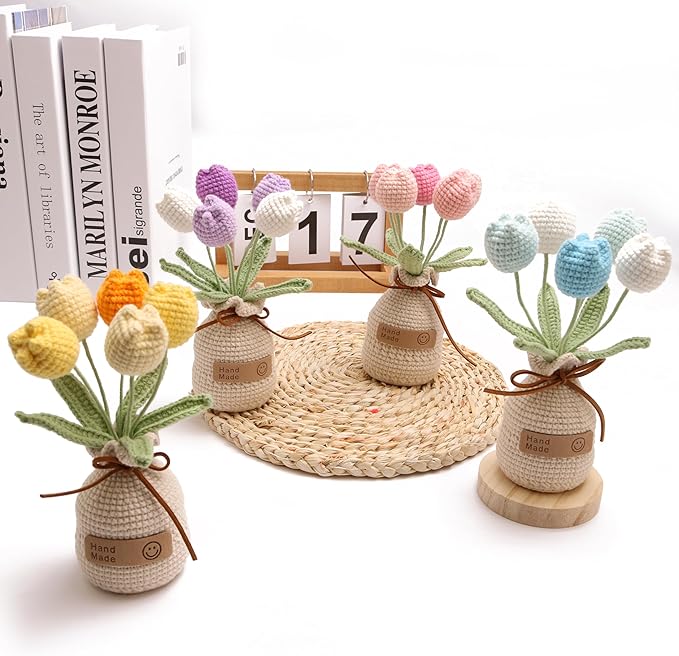 Crocheted Tulips, Hand-Woven Potted Plants, Permanent Tulips, Used for Creative DIY Table Decoration, Birthday Gift ,Graduation Ceremony, Christmas and Thanksgiving (5 Flowers-Blue)