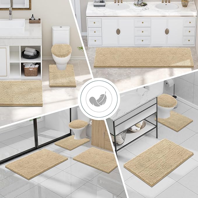 Smiry Luxury Chenille Bathroom Rugs 59x24, Extra Soft and Absorbent Shaggy Bath Mat, Machine Washable, Non-Slip Plush Carpet Runner for Tub, Shower, and Floor, Home Decor Accessories, Beige