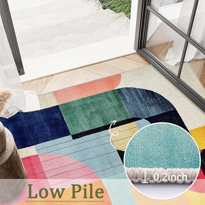 9x12 Colorful Area Rug Modern Abstract Orange Yellow Pink Blue White Beige Black Bedroom Rug Low Pile Thin Large Carpet Living Room Non Slip Dining Room Stain Resistant Office Washable Machine