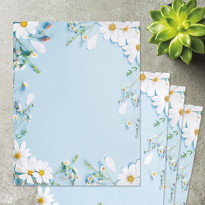 Current Shasta Daisy Floral Letter Paper - Spring Stationery Papers With Decorative Shasta Daisy Border, Printable Holiday, Wedding & Bridal Shower, & Invitation Sheets, Set of 25, 8 1/2" x 11"