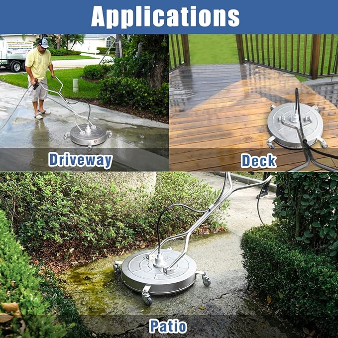 JANZ 24'' Pressure Washer Surface Cleaner with 4 Wheels,Dual Handle,Stainless Steel Housing, 4 Replacement Nozzle Cores and 2 Hose Adapters,Ideal for Driveways, Sidewalks,Patios,Decks Cleaning