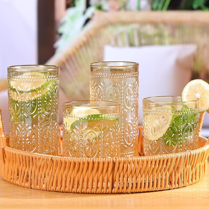 Amber Glassware Set of 4, Vintage Drinking Glasses, Colored Glassware Drinking, Highball Embossed Beverage Glasses Cup for Water, Juice, Cocktail, Coffee (2pcs12oz+2pcs10oz)