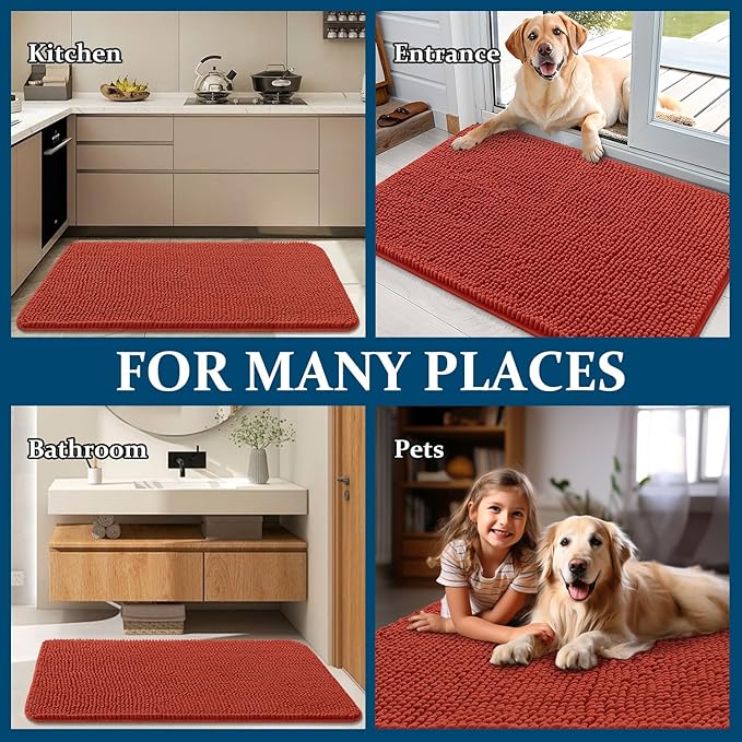 OLANLY Dog Door Mat for Muddy Paws 30x20, Absorbs Moisture and Dirt, Absorbent Non-Slip Washable Doormat, Quick Dry Chenille Mud Mat for Dogs, Entry Indoor Entryway Carpet for Inside Floor, Maple Red