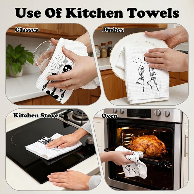 Funny Skull Kitchen Towels, Goth Skeleton Hand Towels for Bathroom, Housewarming Gifts for Women Friends Skull Lovers, Farmhouse Home Tea Towel Halloween Decorations, Set of 2-10