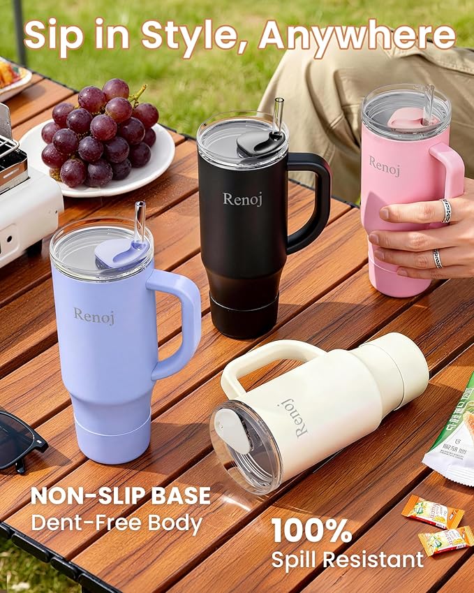 Renoj Tumbler with Handle 100% Spill Resistant Insulated Water Bottle for Iced Coffee & Hot Drinks - Fits Car Cup Holder, Ideal Gift, 2 Straws & Silicone Boot BPA-Free - FlexSlide Blue 40 oz