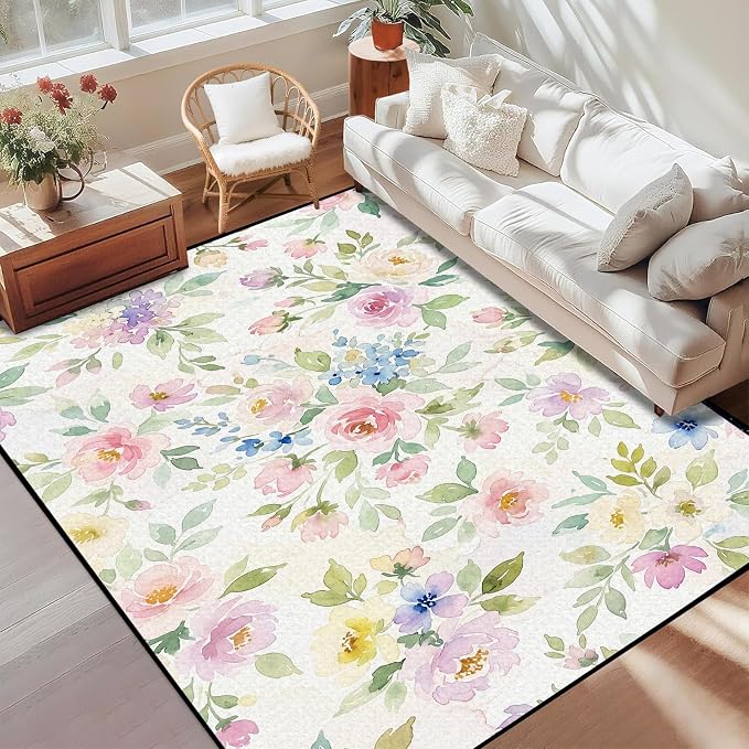 Watercolor Floral Rug 4'x6' Soft Pastel Botanical Area Rug for Entryway Bedroom Living Room Nursery Kitchen Playroom Home Decor Low Pile Non-Slip Washable Carpet