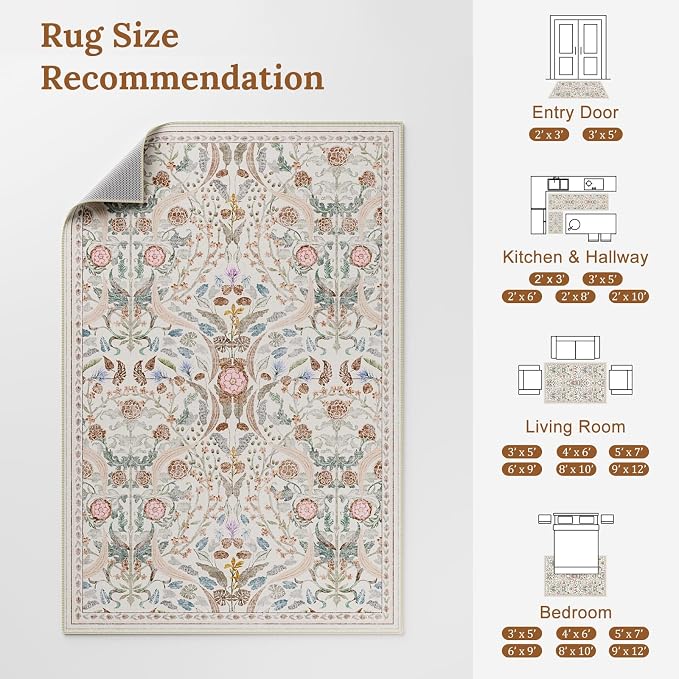AMTOVO 5x7 Washable Area Rugs for Living Room, Vintage Boho Floral Distressed Print Non-Slip Carpet, Soft Colorful Accent Rug for Bedroom Dining Room Playroom Nursery Farmhouse Girls Room, Beige