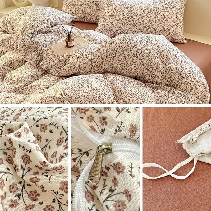 LifeTB Muslin Cotton Duvet Cover Set Full Size Vintage Floral Duvet Cover Ultra Soft Breathable Comforter Cover Chic Flower Bedding Set Linen Feel Textured Gauze Comforter Cover with Zipper Closure