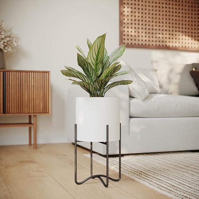 EverNest Claire Mid-Century Modern White Plant Pot with Ambrose Stand, SelectBase, Indoor Plant Pot, Bohemian Style, Minimalist Plant Home Décor (Medium, Black)