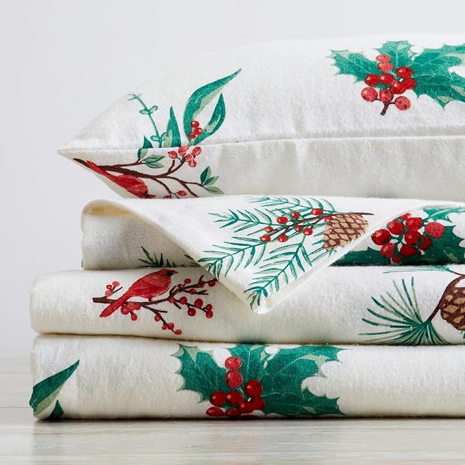 Market & Place 100% Cotton Twin Flannel Sheet Set | 3 Piece Deep Pocket Novelty Cozy Winter Bed Sheets | Double Brushed for Extra Softness & Comfort | Alpine Collection (Twin, Cardinal & Pine)