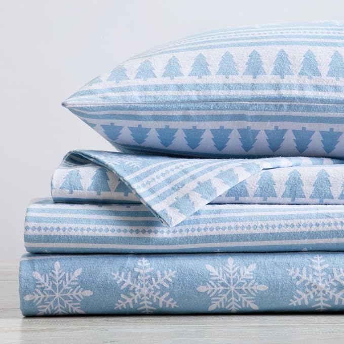 Market & Place 100% Cotton Queen Flannel Sheet Set | 4 Piece Deep Pocket Novelty Cozy Winter Bed Sheets | Double Brushed for Extra Softness & Comfort | Alpine Collection (Queen, Striped Snowflake)