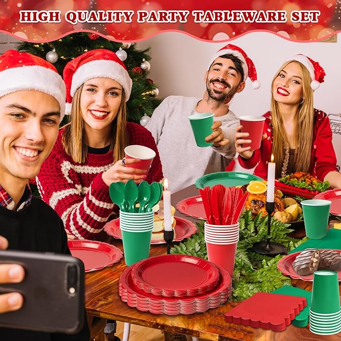Vyntra 350 PCS Disposable Plates for Party, Paper Plates & Napkins Set with Cups, Knives, Forks, Spoons, 7'' Dessert and 9'' Dinner Plates for Christmas, Holiday Party - Red and Green
