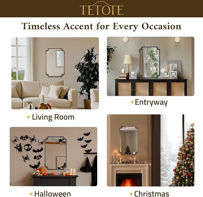 TETOTE Vintage Baroque Gold Rectangle Mirror for Wall 22 x 30 Antique Brass Scroll Frame French Mantle Mirror for Fireplace Bathroom Living Room Bedroom Decor, Horizontal/Vertical