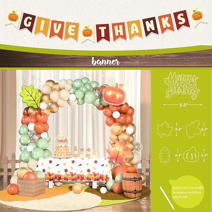 Thanksgivng Party Decorations Kit, Fall Give Thanks Party Supplies, Autumn Fall Pumpkin Backdrop Balloon Garland Maple Leaves Toppers Backdrop Tablecloth for Thanksgiving Party Decorations Set