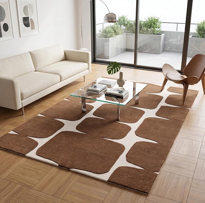 Restoration and Renovation Modern Wool Area Rug - Contemporary Abstract Geometric Design, Thick & Soft Hand-Tufted Carpet - Ideal for Indoor Decor in Living Room, Bedroom (Brown, 6' x 9')
