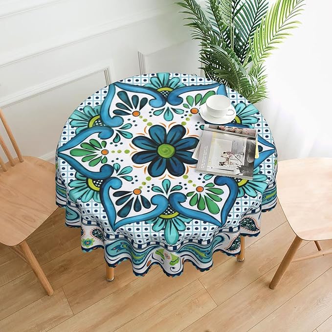 Eikione Boho Round Tablecloth 60inch, Bohemia Table Cloth, Polyester Waterproof Stain Wrinkle Free Tablecloths, Indoor and Outdoor Table Cover for Home Kitchen Dining Decor