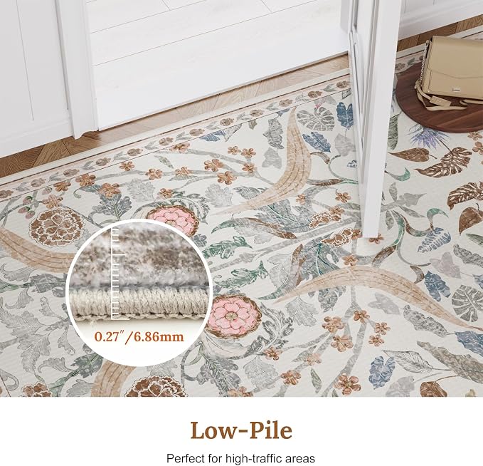 AMTOVO 2.7x8 Runner Rug for Hallway, Washable Non-Slip Long Kitchen Carpet, Floral Vintage Distressed Floor Mat for Hallways Entryway Living Room Laundry Room Bathroom Farmhouse, Beige