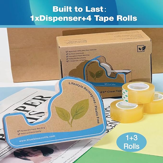 Tape Dispenser Desk,Plastic-Free Tape Dispenser with 4 Rolls 3/4 in x 640 in Transparent Tape, Tape Dispenser Desk for Gift Wrapping, Office, Home, School