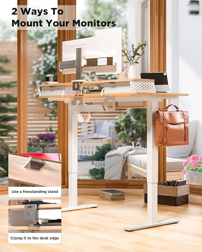 FiCiHi Adjustable Height Standing Desk with 4 Drawers,48 x 24 inches Electric Sit Stand Home Office Desk with Two Tiers, 3 Memory Presets, Monitor Stand Riser, C-Clamp Mount Compatible