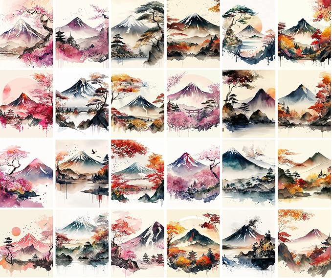 PIXILUV Vintage Postcards (24 pcs 4"x6" each) Japan Watercolor Fuji and Sakura Vintage Postcards Book Illustrations Reprint